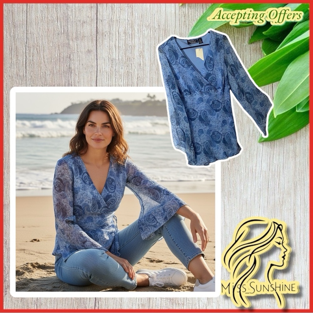 New York City design co. NEW - Sz S - paisley blue - double layered silk top